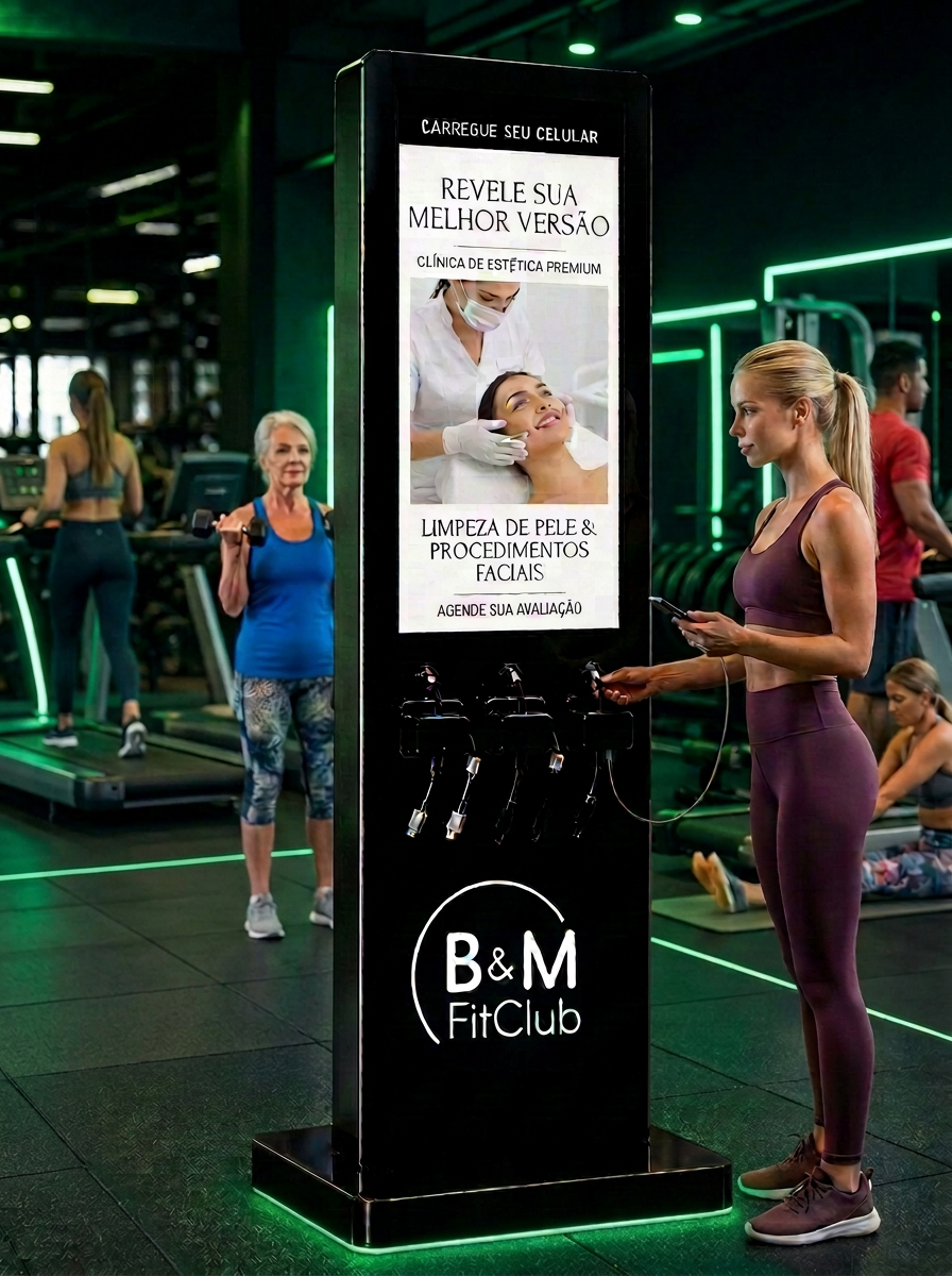 Totem digital com carregador de celular da B&M FitClub exibindo um anúncio de clínica de estética enquanto uma aluna olha para a tela
